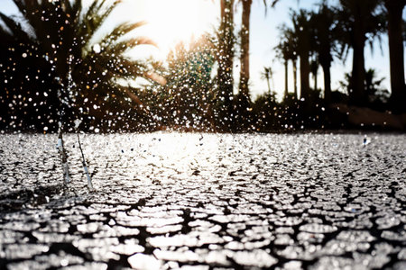 Dry desert ground with scratches, palms, hot, AI Generatedの素材