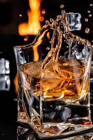 Glass of whiskey with cubes of ice with splashes and reflectionsの素材
