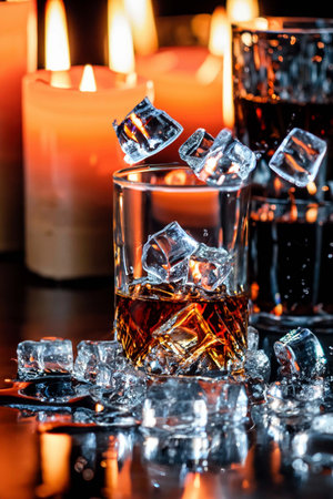 Glass of whiskey with cubes of ice with splashes and reflectionsの素材