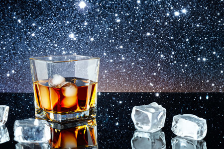 Glass of whiskey with cubes of ice with splashes and reflectionsの素材
