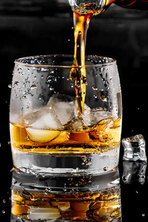 Glass of whiskey with cubes of ice with splashes and reflectionsの素材
