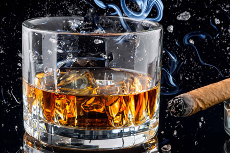 Glass of whiskey with cubes of ice with splashes and reflectionsの素材