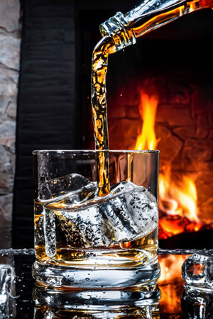 Glass of whiskey with cubes of ice with splashes and reflectionsの素材