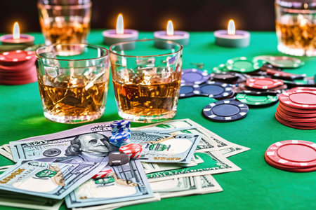 Glasses of whiskey, coins and banknotes on a gaming table at casionoの素材