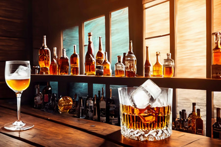 Glass of whiskey with cubes of ice< with splashes and reflectionsの素材