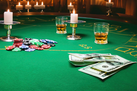 Glasses of whiskey, coins and banknotes on a gaming table at casionoの素材