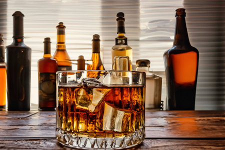 Glass of whiskey with cubes of ice with splashes and reflectionsの素材