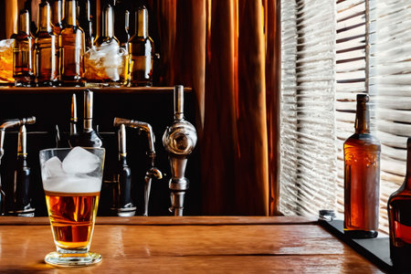 Glass of whiskey with cubes of ice with splashes and reflectionsの素材