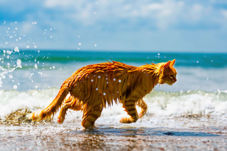 Wet ginger cat running out of the sea after the swimmingの素材