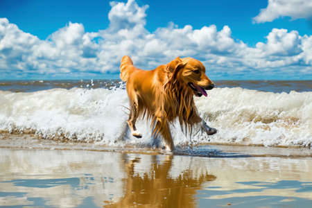 Wet dog running out of the sea after swimmingの素材