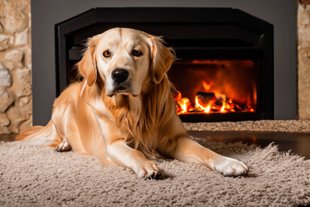 Dog lying on a carpet near the fireplace having a restの素材