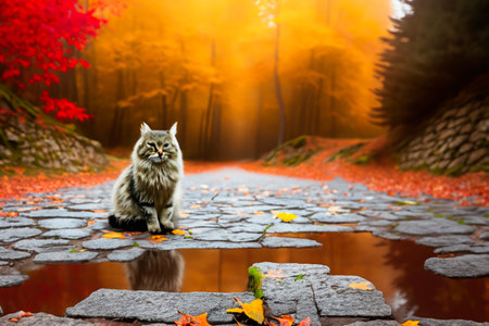 Fluffy gray stripped cat sitting on an old stone road in an autumn forestの素材