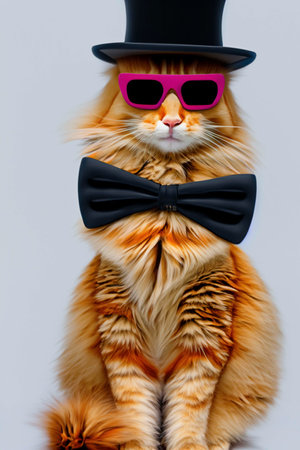 Fluffy ginger cat in a sunglasses, hat and bow-tieの素材
