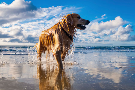 Wet dog running out of the sea after swimmingの素材