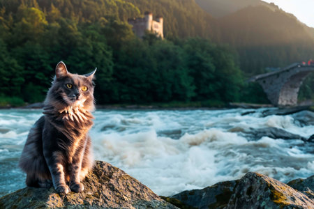 Big gray fluffy cat sitting on a stone on a coast of the riverの素材