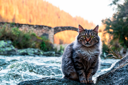 Big gray fluffy cat sitting on a stone on a coast of the riverの素材
