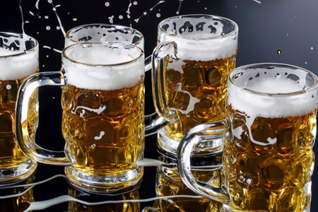 Glass of beer with foam, bubbles and dropsの素材