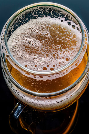 Glass of beer with foam, bubbles and dropsの素材