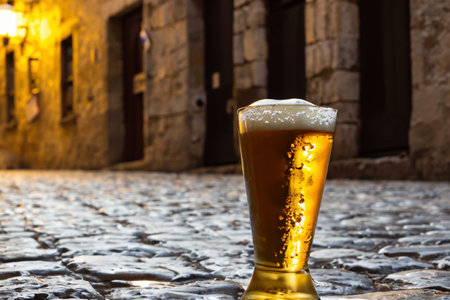 Glass of beer on the street of a small old townの素材