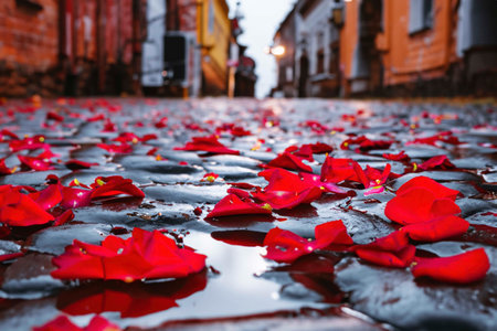 Roses lying on the paved old street in the puddle after the rainの素材
