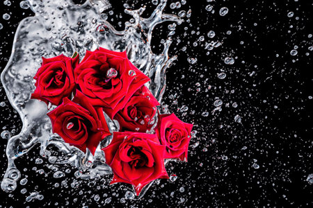 Roses falling into the water with splashes and bubblesの素材