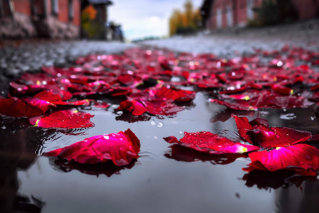 Roses lying on the paved old street in the puddle after the rainの素材