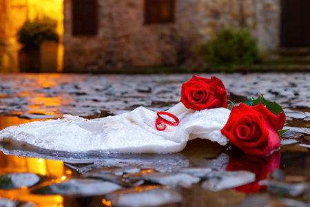 Roses lying on the paved old street in the puddle after the rainの素材