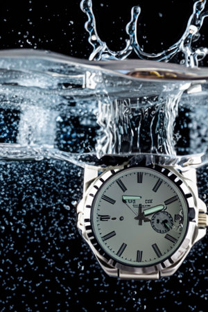 Watch falling into the water with spalshes, bubbles and reflectionsの素材