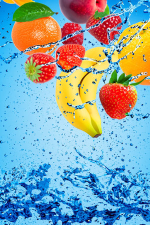 Fruits falling into the water with splashes and bubblesの素材
