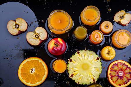 Fruits falling into the water with splashes and bubblesの素材