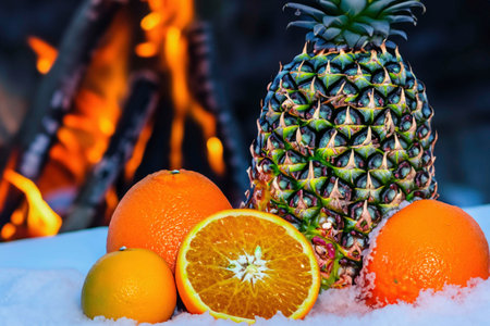 Different fruits on the snow near the fireの素材