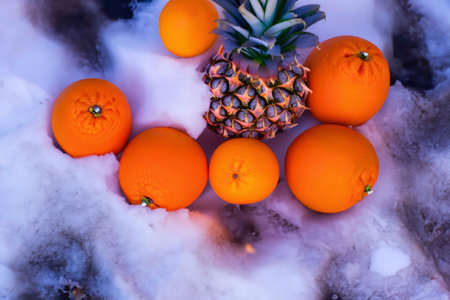 Different fruits on the snow near the fireの素材