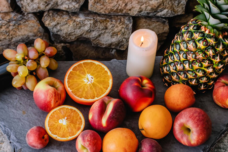 Different fruits on an old wooden tableの素材