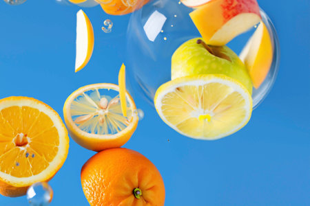 Fruits falling into the water with splashes and bubblesの素材