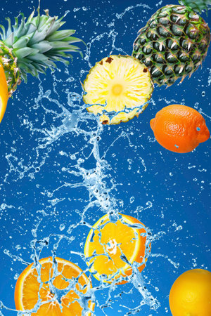 Fruits falling into the water with splashes and bubblesの素材
