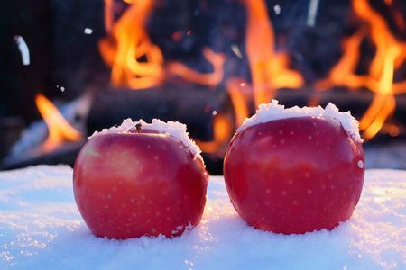 Different fruits on the snow near the fireの素材