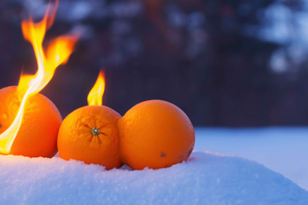 Different fruits on the snow near the fireの素材