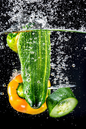 Different kinds of vegetables falling into the water with splashes and bubblesの素材