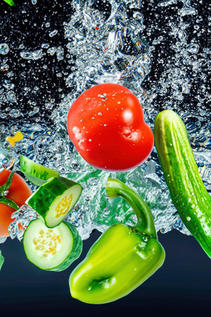 Different kinds of vegetables falling into the water with splashes and bubblesの素材
