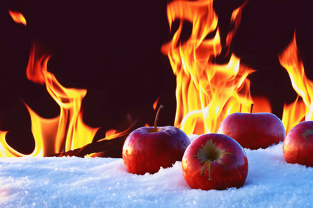 Different fruits on the snow near the fireの素材