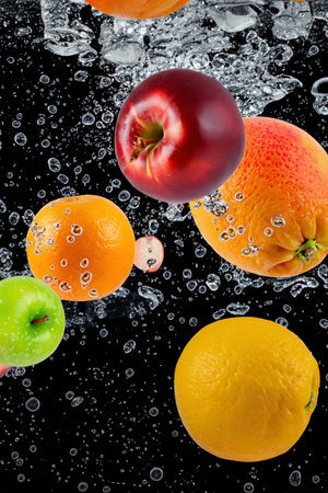 Fruits falling into the water with splashes and bubblesの素材