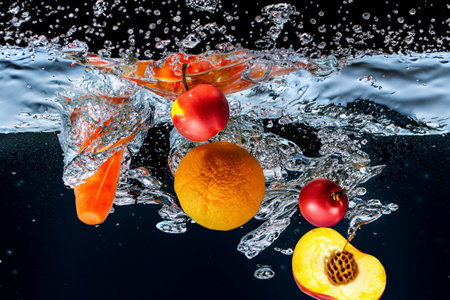 Fruits falling into the water with splashes and bubblesの素材