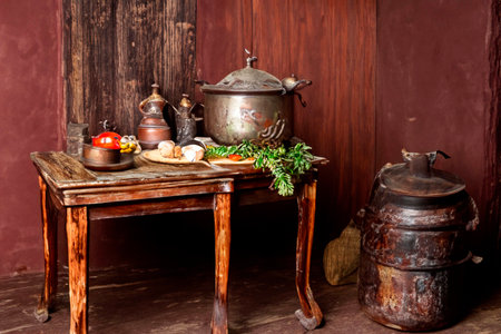 Some different vegetables on an old rustic tableの素材