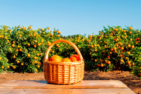 Wickered basket full of oranges, the orange plantation at the backgroundの素材