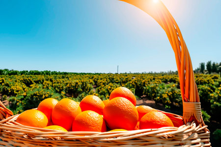 Wickered basket full of oranges, the orange plantation at the backgroundの素材
