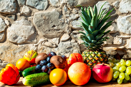 Still life with many different fruits and vegetables in rural styleの素材