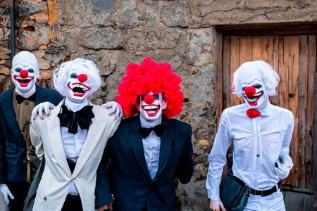 Group of clowns on the old street in a small townの素材