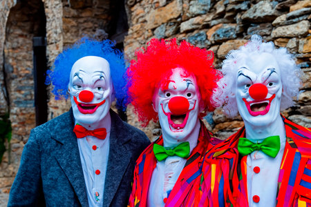 Group of clowns on the old street in a small townの素材