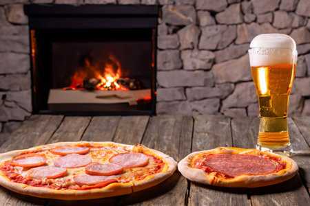 Pizza with ham, cheese and tomatoes and a glass of beerの素材