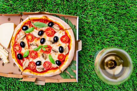 Pizza with ham, cheese and tomatoes on the green grass lawnの素材